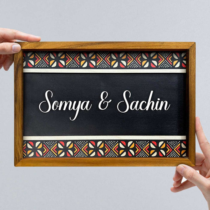 Wooden Personalized Printed Framed Black Couples Nameplate - Front View Held by Hands