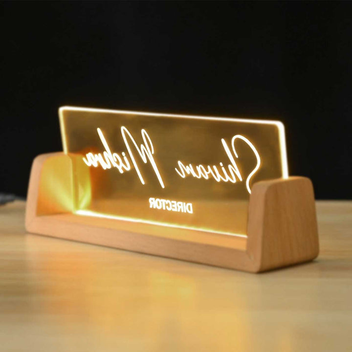 Personalized Printed Sleek Glass And Wood Nameplate With Led Light - Side View with Illuminated Text