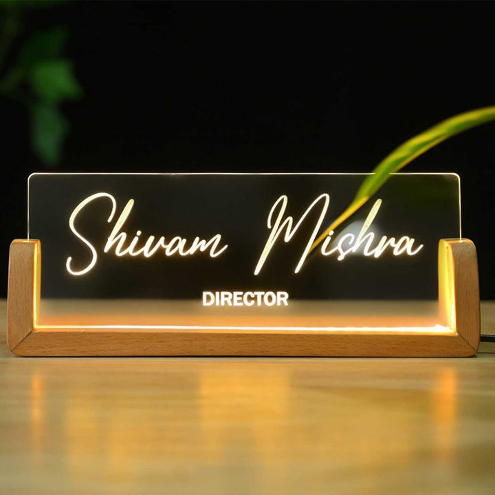 Personalized Printed Sleek Glass And Wood Nameplate With Led Light - Illuminated Front View on Stand