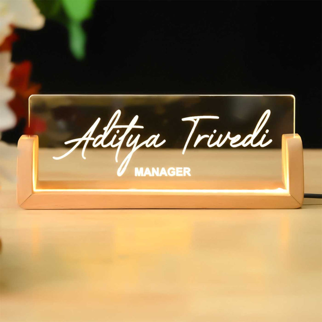 Personalized Printed Sleek Glass And Wood Nameplate With Led Light - Front View on Wooden Base