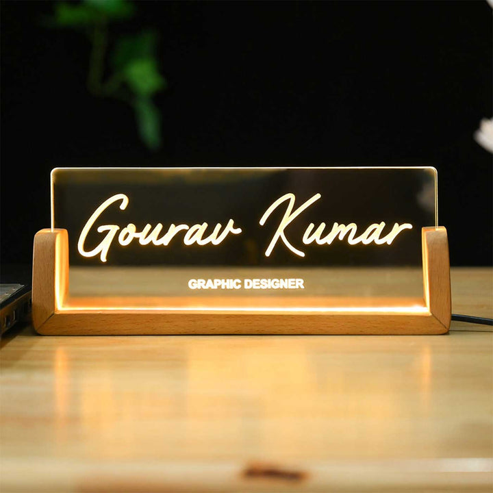 Personalized Printed Sleek Glass And Wood Nameplate With Led Light - Front View with Name Personalization