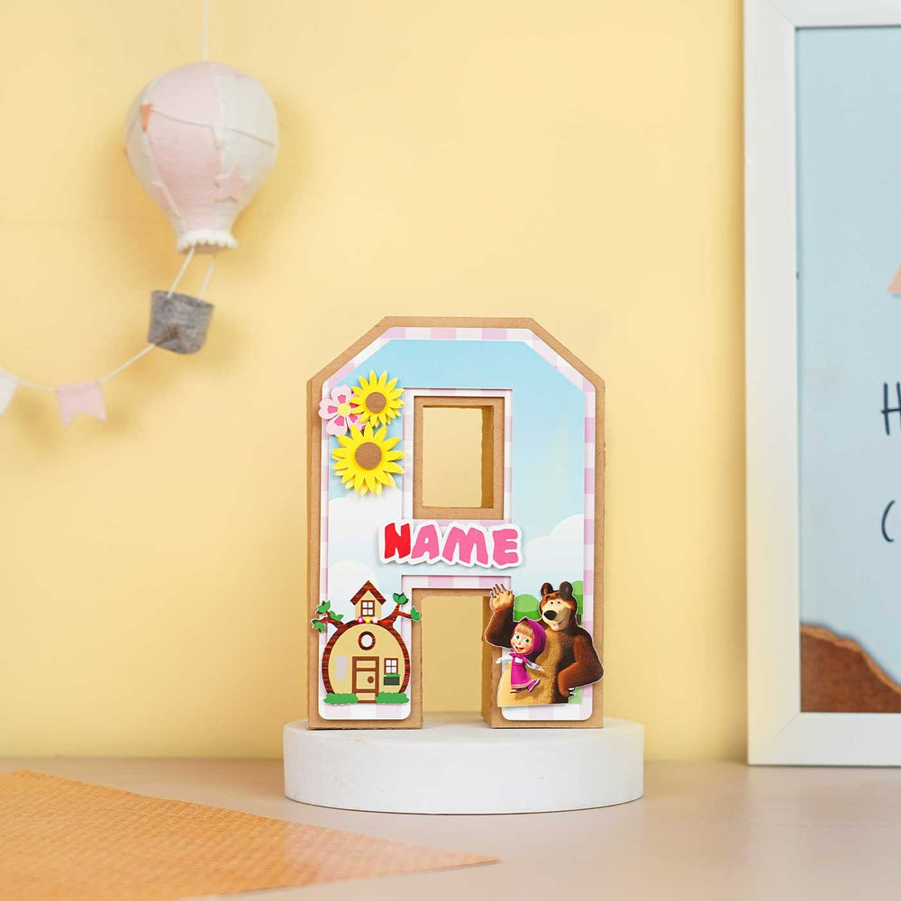 Personalized Printed Masha And The Bear 3D Cardstock Monogram For Kids - Front View on Display Stand