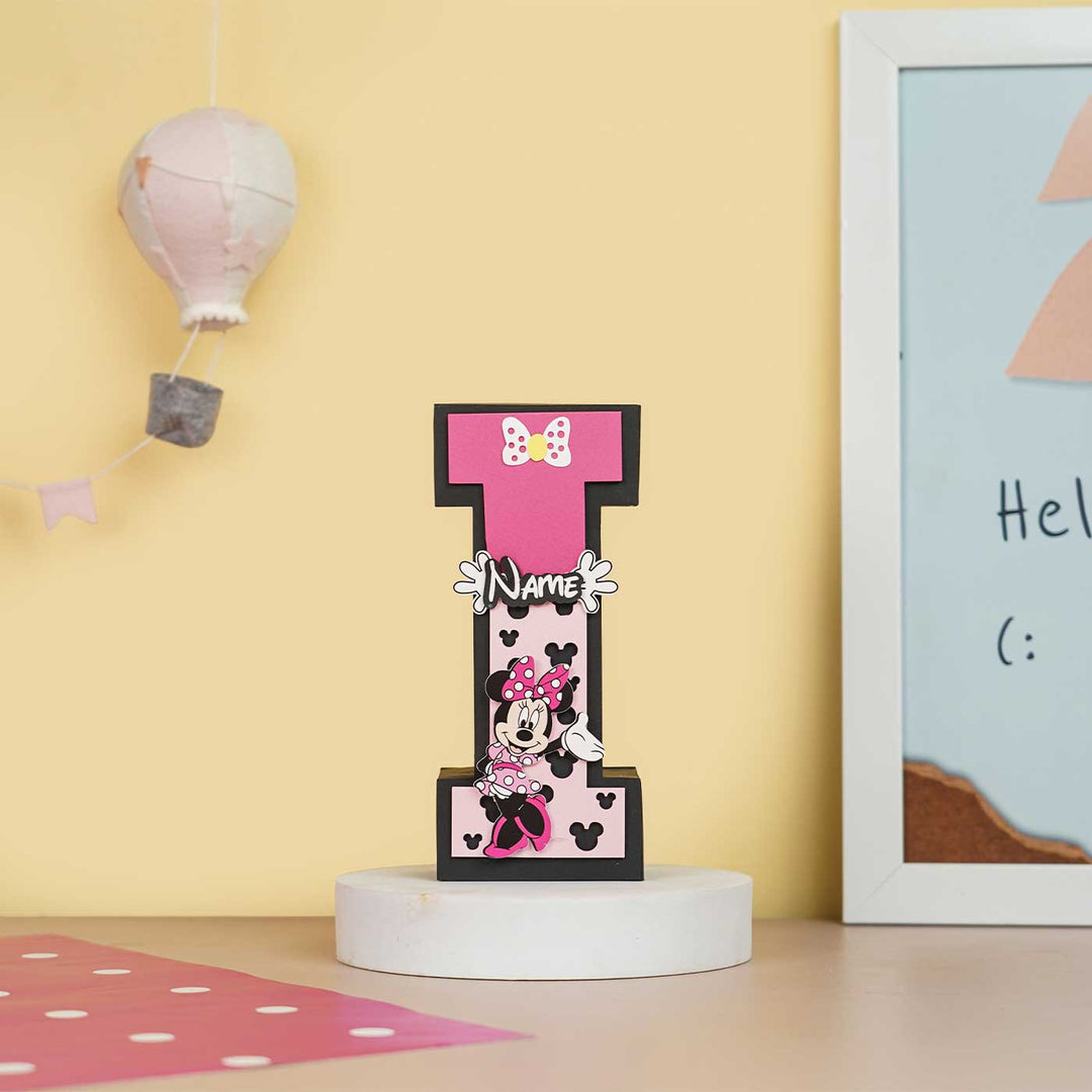 Personalized Printed Minnie 3D Cardstock Monogram For Kids - Front View on Round Stand