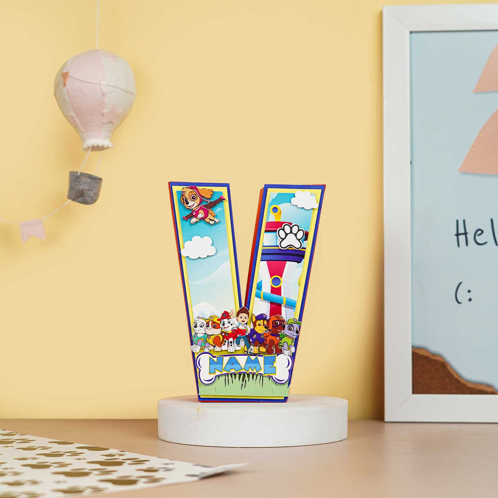 Personalized Printed Paw Patrol 3D Cardstock Monogram For Kids - Front View on Pedestal Display