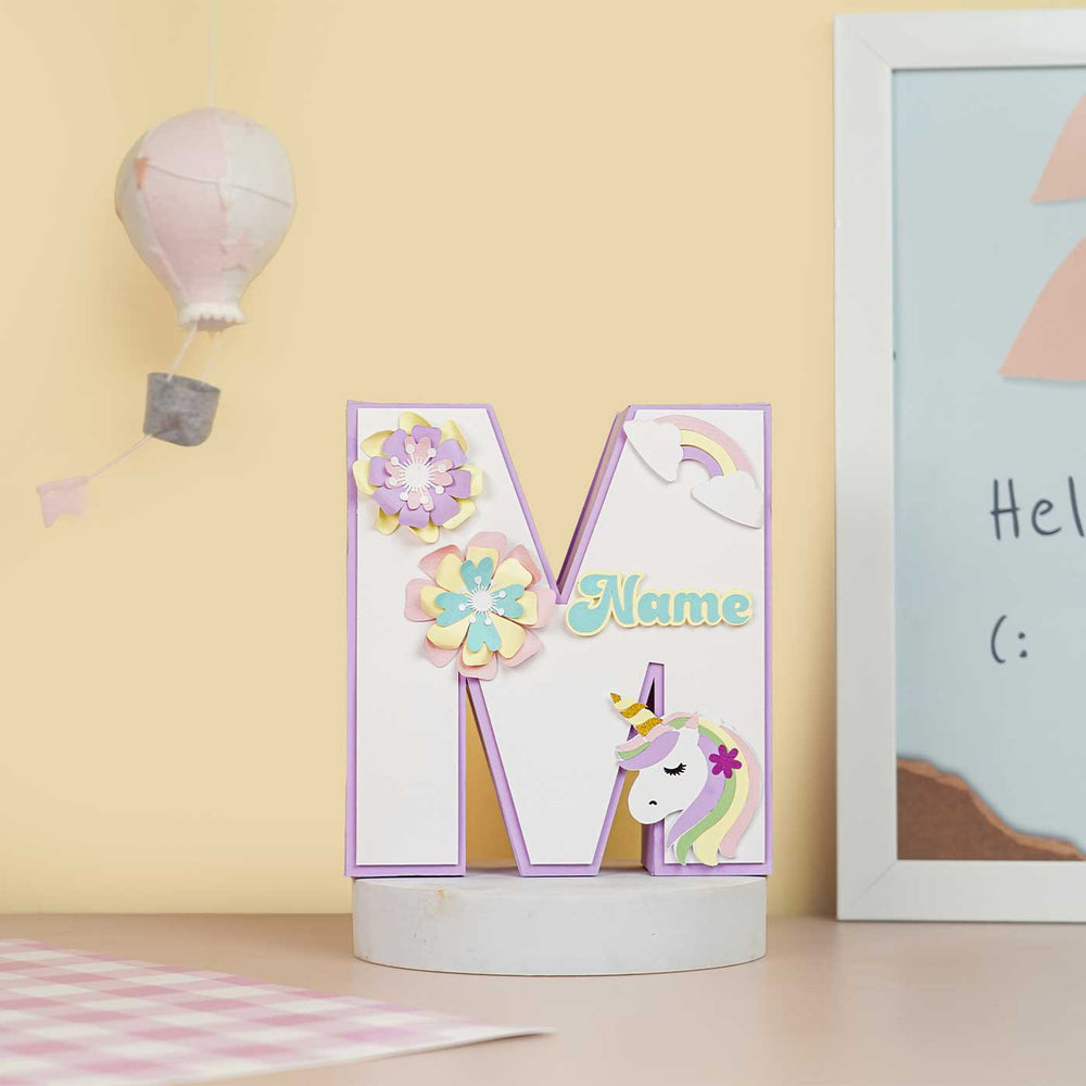Personalized Printed Unicorn 3D Cardstock Monogram For Kids - Front View on Round Base
