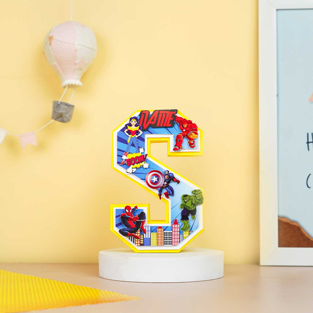 Personalized Printed Superhero 3D Cardstock Monogram For Kids - Side View on Round Pedestal