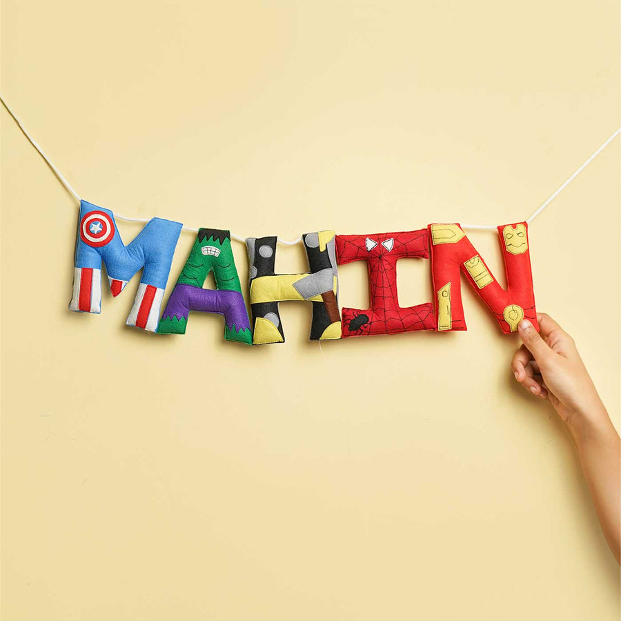 Personalized Handmade Superhero Theme Felt Kids Bunting Fluffles - Hanging Name Banner Display