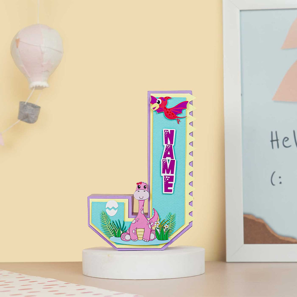 Personalized Printed Dinosaur Theme For Girl Cardstock Monogram - Front View with Name Personalization