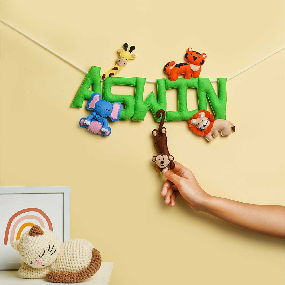 Personalized Handmade Jungle Theme Felt Kids Bunting Fluffles - Name Personalization Hanging Close-up