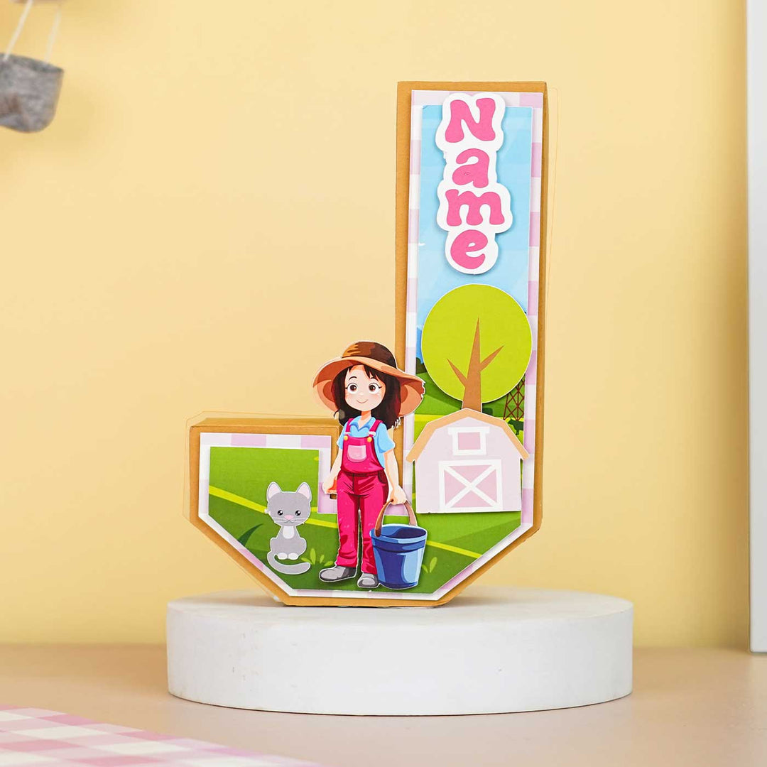 Personalized Printed Farm Theme For Girl 3D Cardstock Monogram - Front View on Display Stand