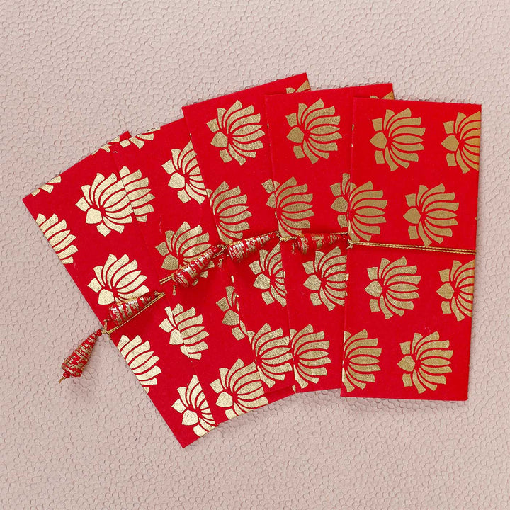 Handmade Lotus Red Paper Envelopes | Set of 5