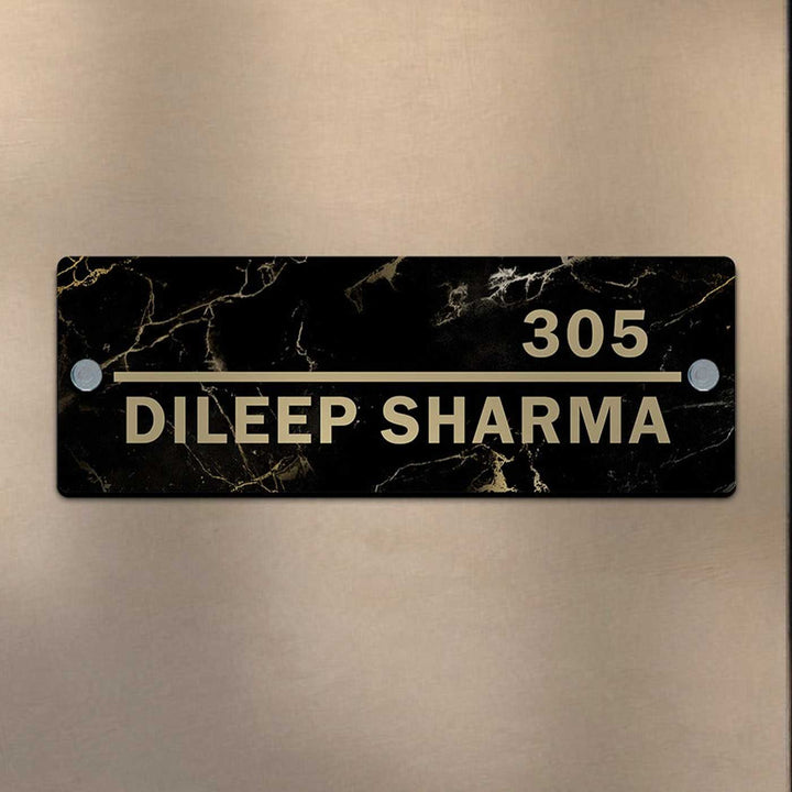 Personalized Printed Black And Gold Acrylic Nameplate - Mounted on Wall Front View