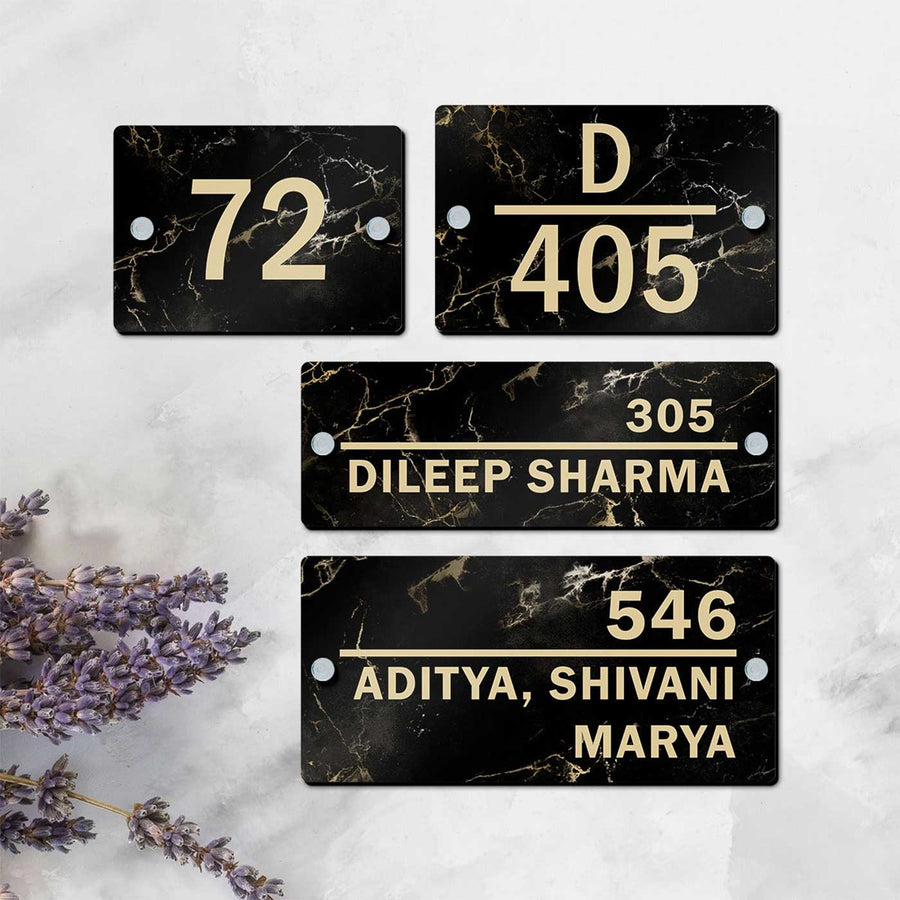 Personalized Printed Black And Gold Acrylic Nameplate - Front View with Multiple Design Examples