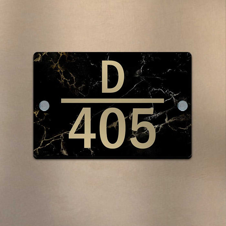 Personalized Printed Black And Gold Acrylic Nameplate - Front View Mounted on Wall