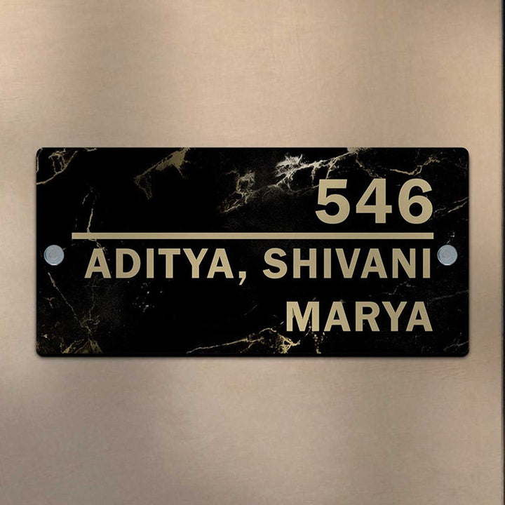 Personalized Printed Black And Gold Acrylic Nameplate - Mounted on Wall Close-up View