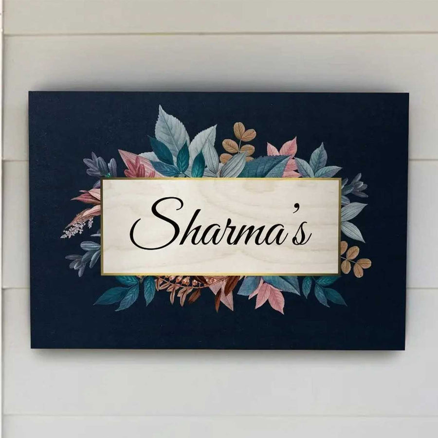 Printed Blue Spring Floral Wooden Rectangle Nameplate For Family - Front View Hanging on Wall