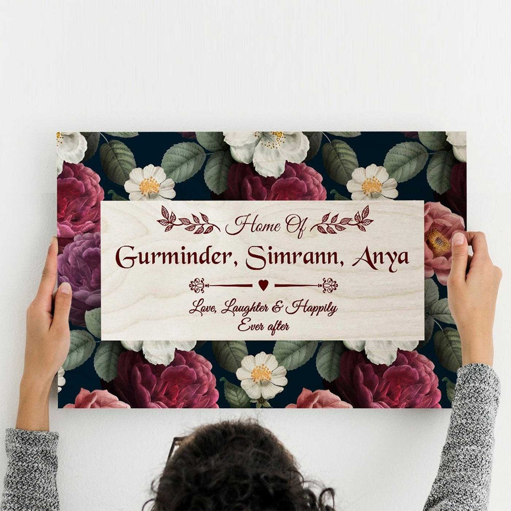 Printed Spring Floral Wooden Rectangle Nameplate 2 - Name Personalization Example Held Against Wall