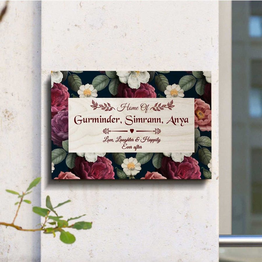 Printed Spring Floral Wooden Rectangle Nameplate 2 - Mounted on Exterior Wall Close-up
