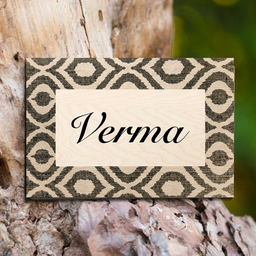 Printed Wooden Personalized Beige Pattern Family Nameplate - Name Personalization Example on Wood Background