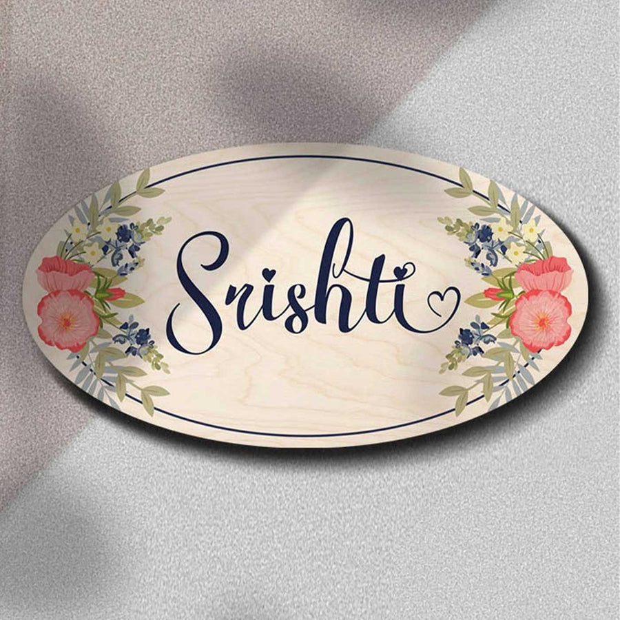 Printed White Floral Wooden Oval Nameplate For Couples - Name Personalization Example