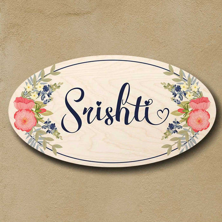 Printed White Floral Wooden Oval Nameplate For Couples - Front View Name Personalization Example