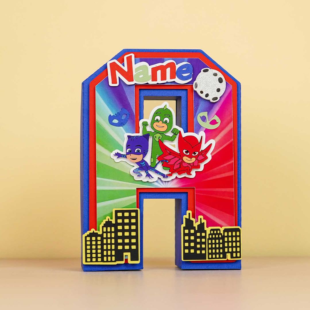 Personalized Printed Pj Masks 3D Cardstock Monogram For Kids - Front View with Character Decoration