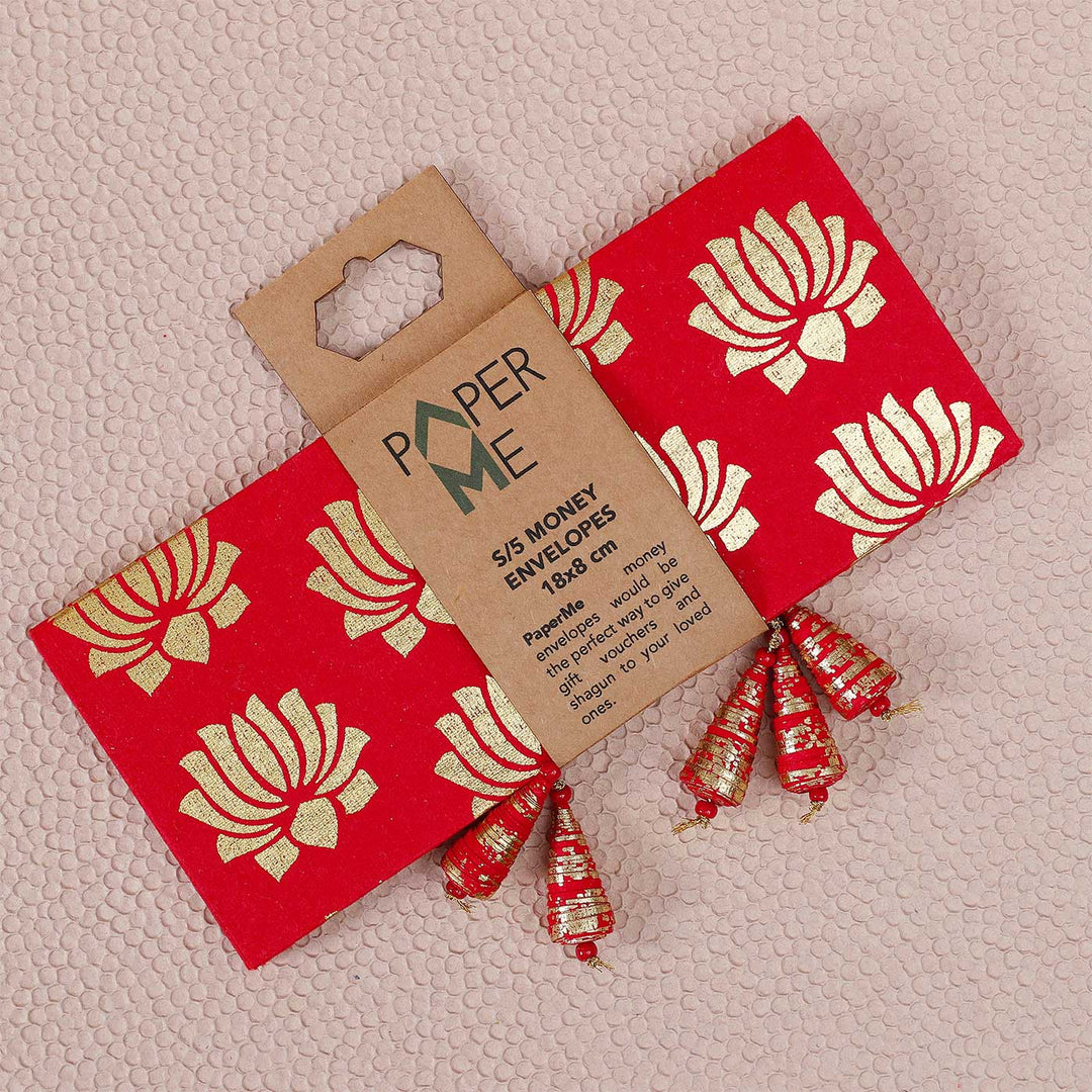 Handmade Lotus Red Paper Envelopes | Set of 5