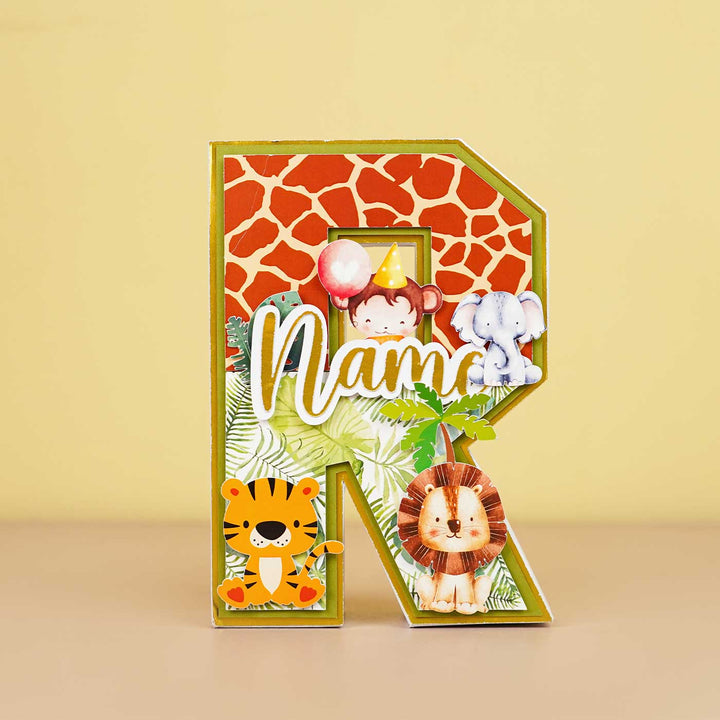 Personalized Printed Jungle 3D Cardstock Monogram For Kids - Front View with Animal Decorations