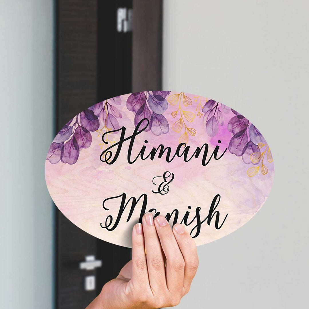 Printed Purple Spring Floral Wooden Oval Nameplate - Name Personalization Example Held in Hand