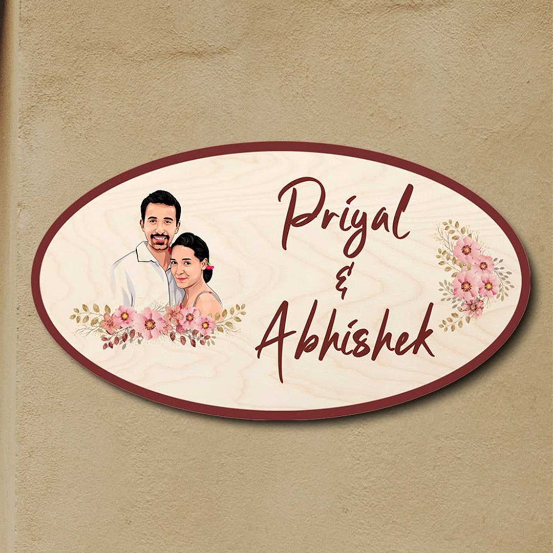 Printed Wooden Oval Character Nameplate For Couples 3 - Mounted on Wall Personalized Example