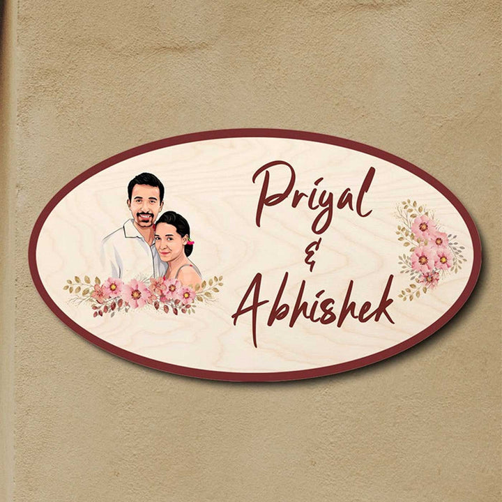 Printed Wooden Oval Character Nameplate For Couples 3 - Mounted on Wall Personalized Example