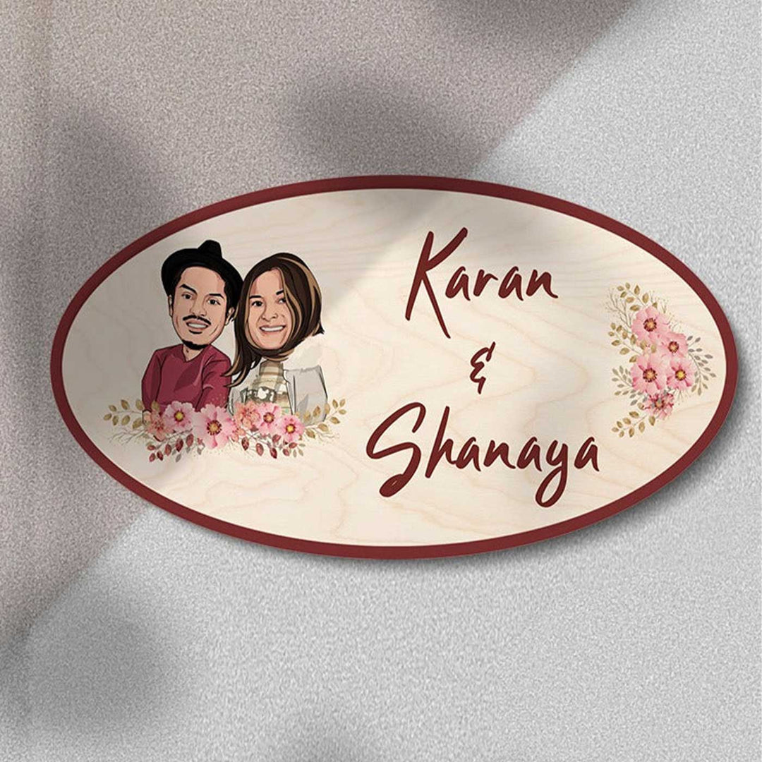 Printed Wooden Oval Character Nameplate For Couples 3 - Front View with Name Personalization
