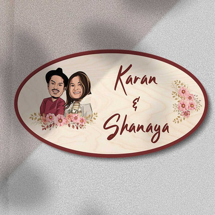 Printed Wooden Oval Character Nameplate For Couples 3 - Front View with Name Personalization