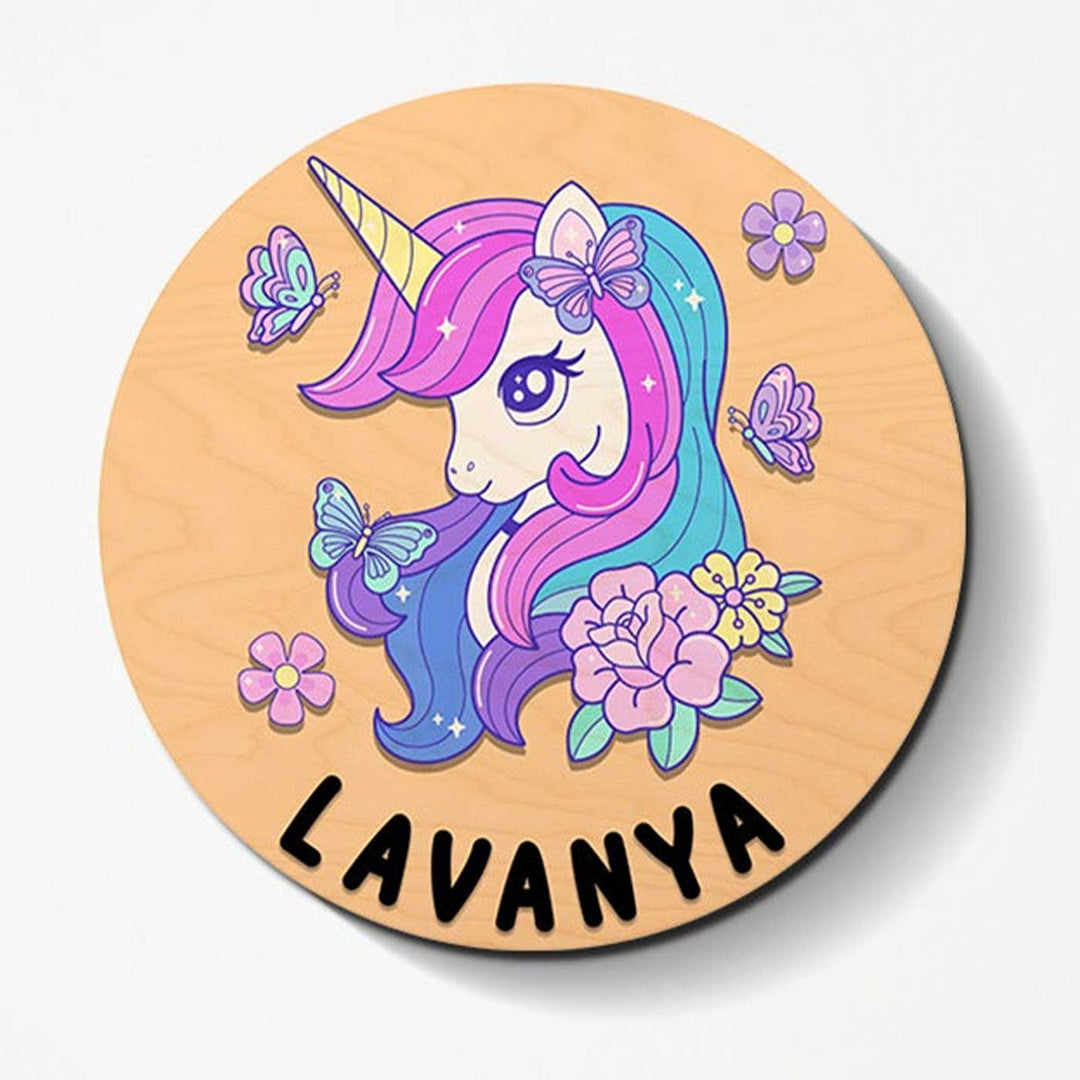 Circular 3D Unicorn Themed Nameplate For Kids - Front View with Name Personalization (2)