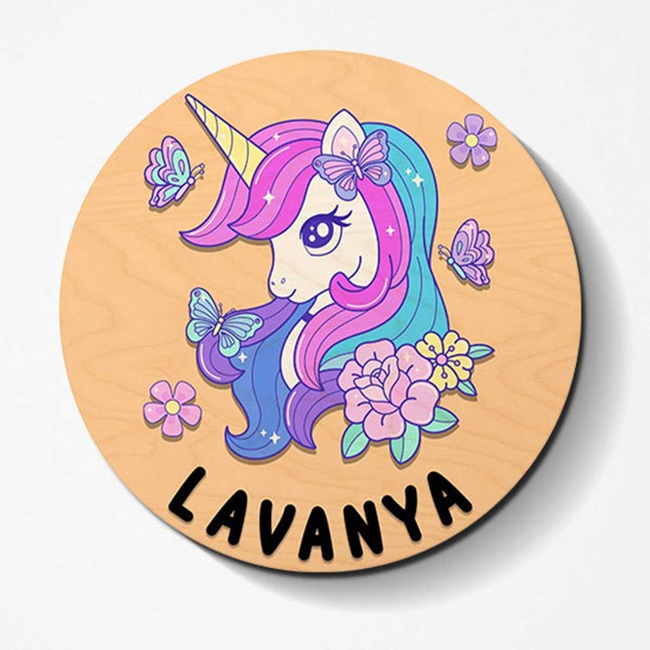 Circular 3D Unicorn Themed Nameplate For Kids - Front View with Name Personalization (2)