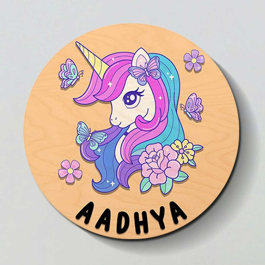 Circular 3D Unicorn Themed Nameplate For Kids - Front View with Name Personalization
