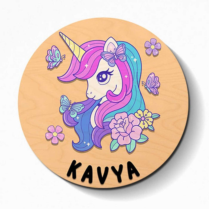 Circular 3D Unicorn Themed Nameplate For Kids - Name Personalization Example Front View