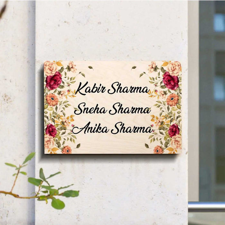 Printed Floral Wooden Rectangle Nameplate For Couples - Mounted on Wall Name Personalization