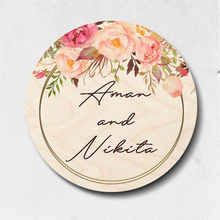 Printed Pink Floral Wooden Round Nameplate For Couples - Name Personalization Example Front View