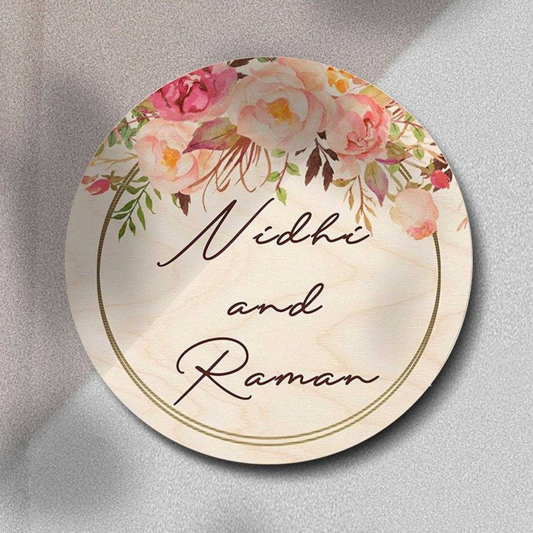 Printed Pink Floral Wooden Round Nameplate For Couples - Front View with Floral Personalization