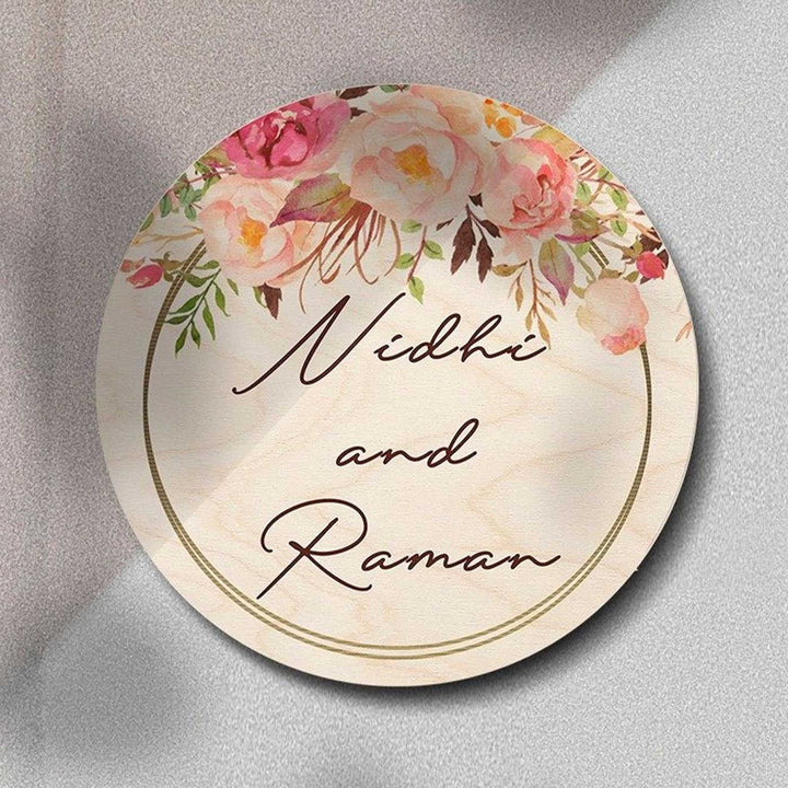 Printed Pink Floral Wooden Round Nameplate For Couples - Front View with Floral Personalization