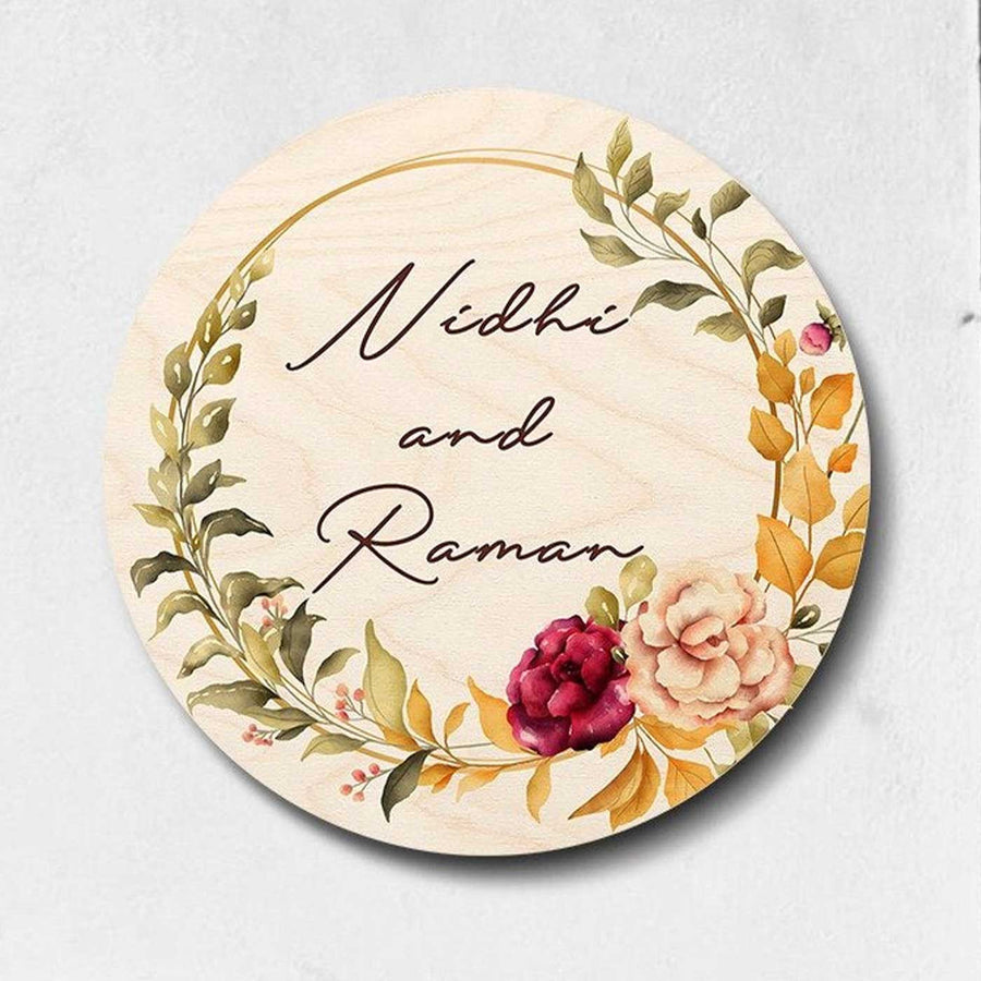 Printed Floral Wooden Round Nameplate For Couples - Top View with Floral Personalization