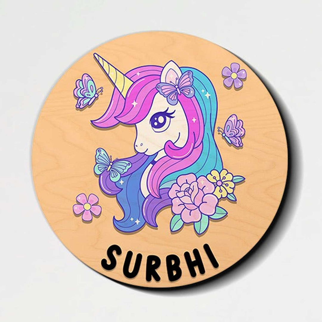 Circular 3D Unicorn Themed Nameplate For Kids - Top View with Name Personalization