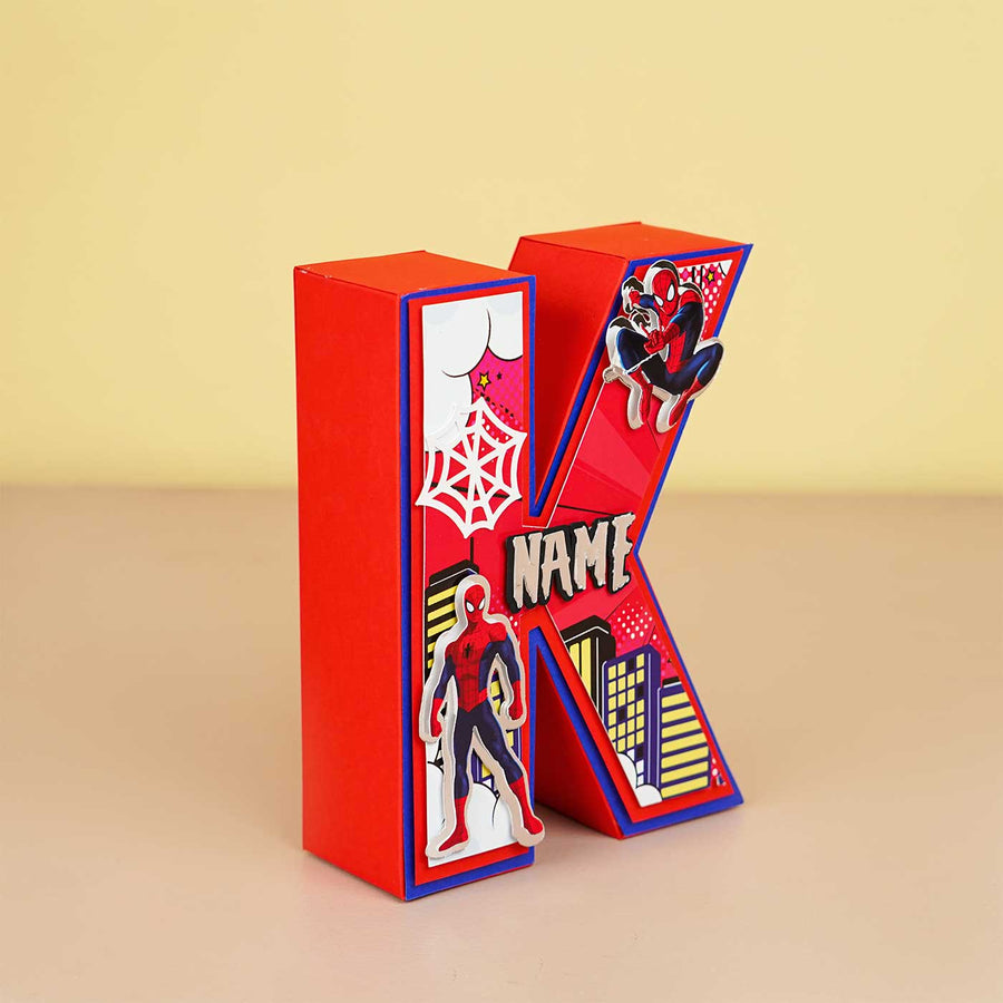 Personalized Printed Spiderman 3D Cardstock Monogram For Kids - Side Angle Showing Depth and Personalization