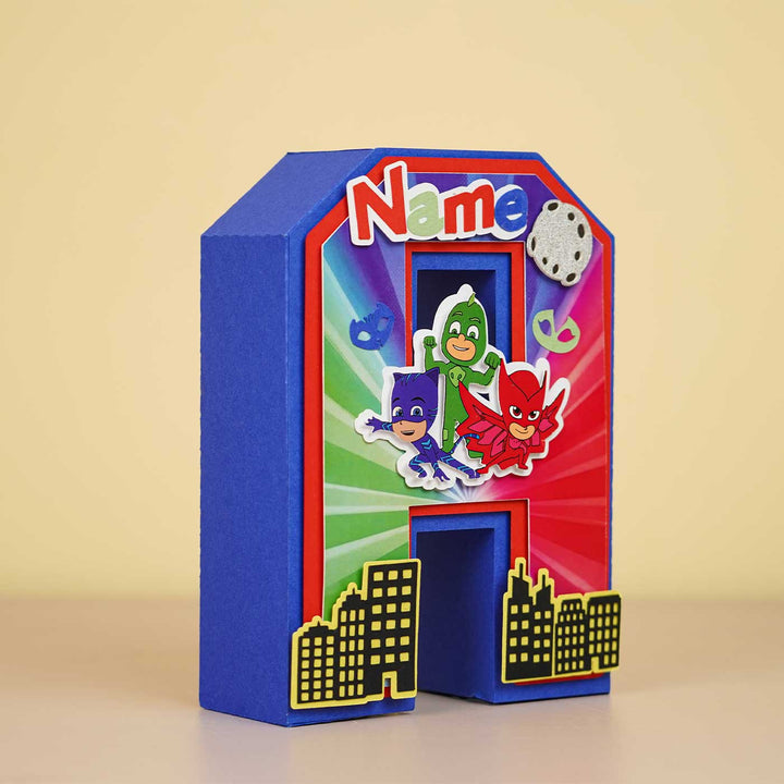 Personalized Printed Pj Masks 3D Cardstock Monogram For Kids - Three-Quarter Front View Showing Design