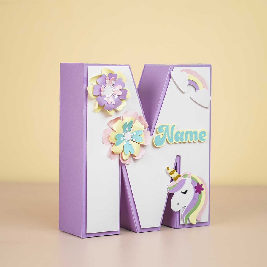 Personalized Printed Unicorn 3D Cardstock Monogram For Kids - Front View with Name Personalization Example