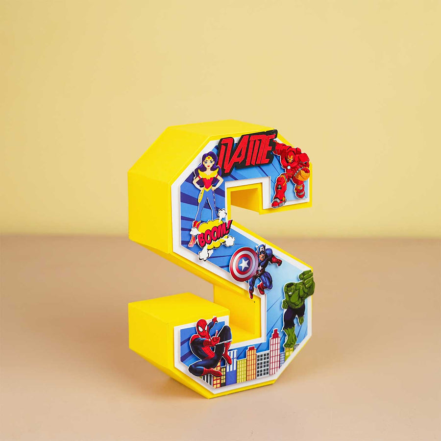 Personalized Printed Superhero 3D Cardstock Monogram For Kids - Front View with Character Graphics