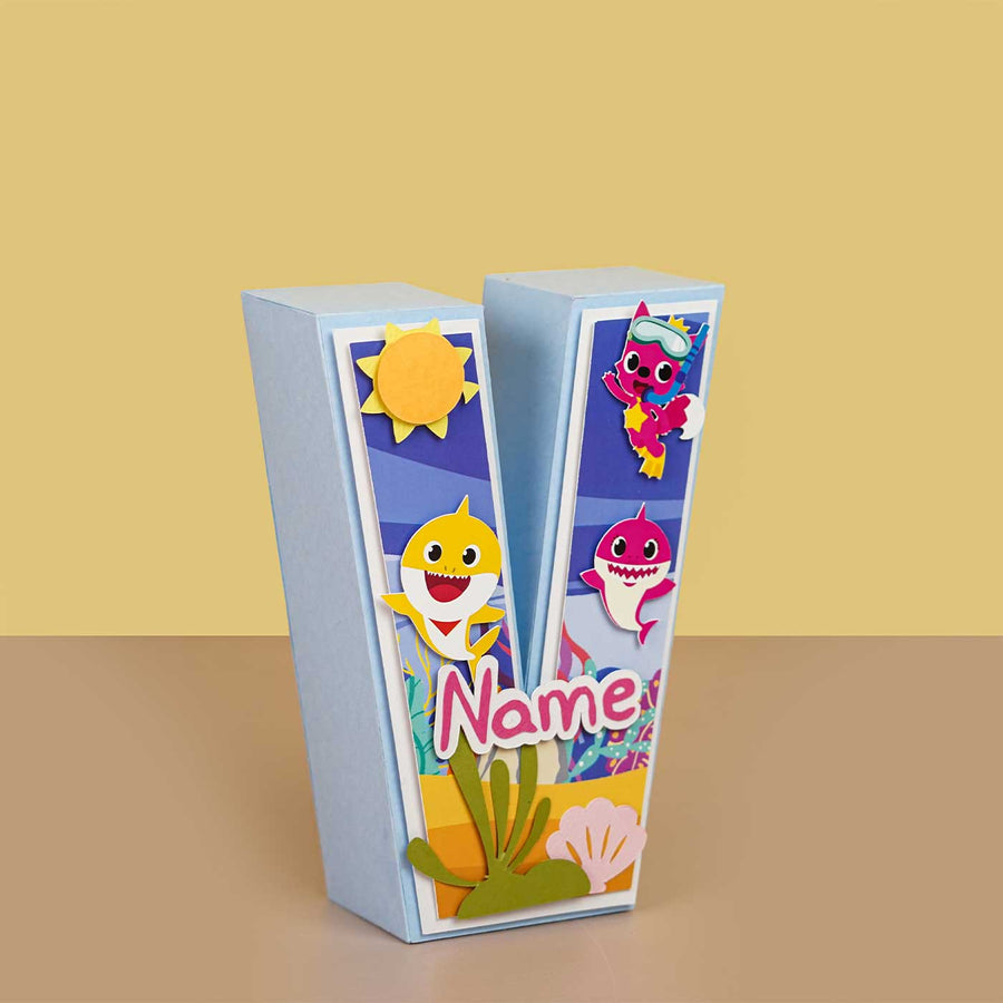 Personalized Printed Baby Shark 3D Cardstock Monogram For Kids - Angled Front View with Personalization