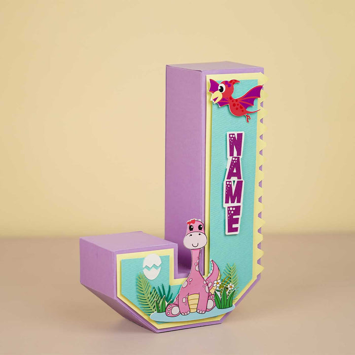 Personalized Printed Dinosaur Theme For Girl Cardstock Monogram - Front View with Name Personalization Example