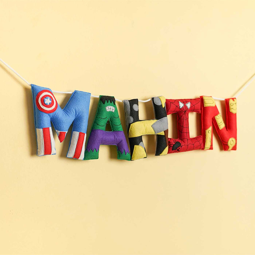 Personalized Handmade Superhero Theme Felt Kids Bunting Fluffles - Hanging Name Banner Front View
